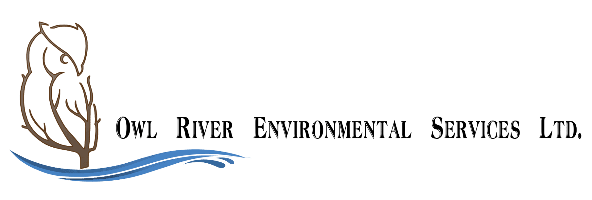 Owl River Environmental Services' original company logo. The logo shows a graphic of an owl sitting in a tree beside a river.