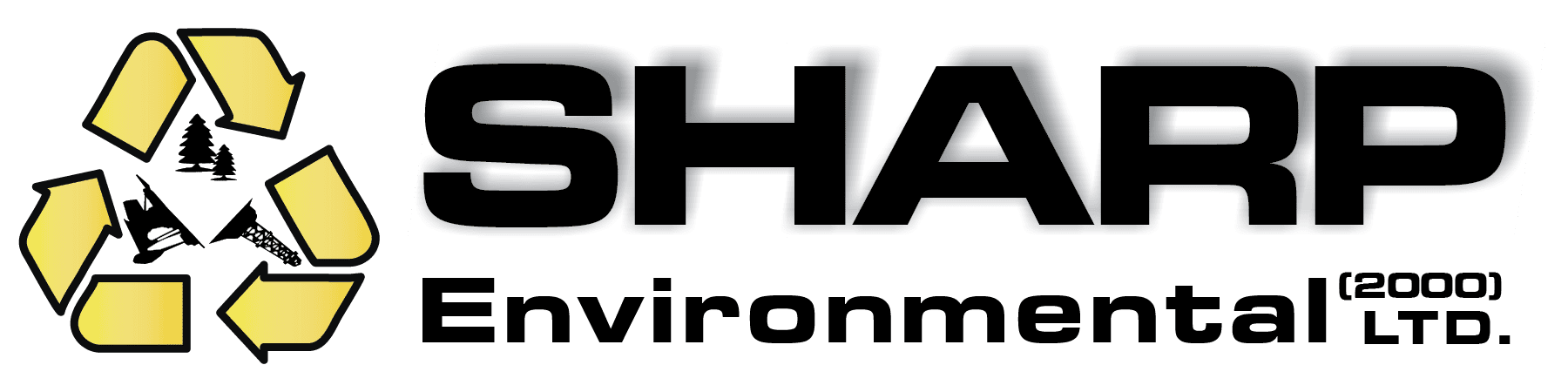 SHARP Environmental's original company logo. It says SHARP Environmental (2000) Ltd in bold black text and has a yellow recycling symbol to the left of the text.